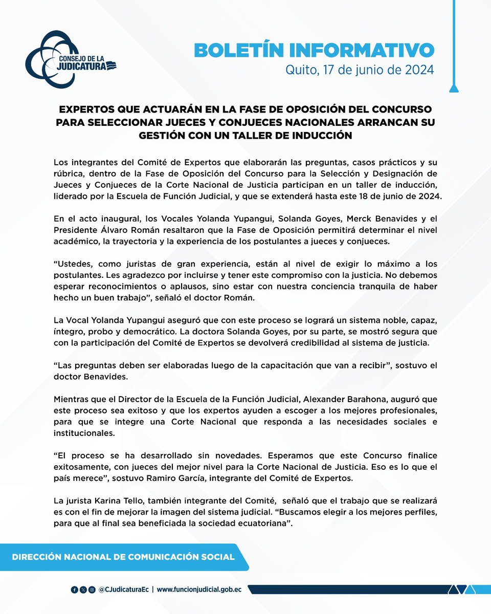 CJLosRios's tweet photo. 🔈🔈🔈Con un taller arrancan su gestión los expertos que actuarán en la Fase de Oposición del Concurso para seleccionar Jueces y Conjueces Nacionales. ✅ https://t.co/dnqcZif7td