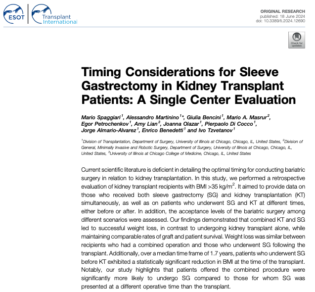 Alessandro Martinino, MD (@amartininomd) on Twitter photo Weight reduction can enhance transplant eligibility and outcomes, though the optimal timing for bariatric surgery in relation to kidney transplants remains debated❗️Excited to share my research on this topic from <a href="/thisisUIC/">University of Illinois Chicago</a> in <a href="/Transpl_Int/">Transplant International</a> 💥
doi.org/10.3389/ti.202… Weight reduction can enhance transplant eligibility and outcomes, though the optimal timing for bariatric surgery in relation to kidney transplants remains debated❗️Excited to share my research on this topic from <a href="/thisisUIC/">University of Illinois Chicago</a> in <a href="/Transpl_Int/">Transplant International</a> 💥
doi.org/10.3389/ti.202…