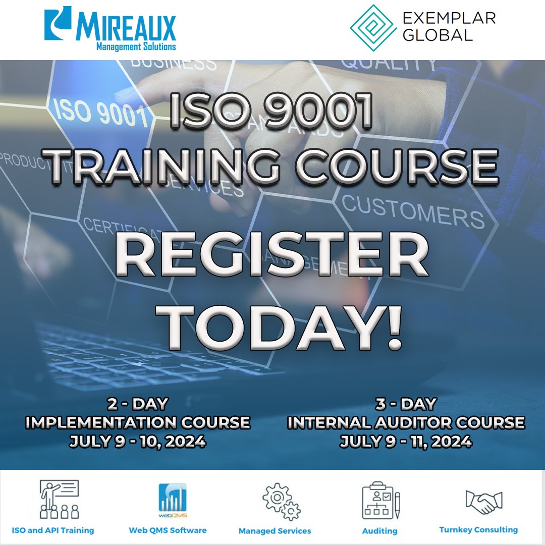 Boost your standards with our ISO 9001 training starting July 9th! Use promo code SUMMER2024 for $200 off. Sign up now!

Internal Auditor: mireauxms.com/all-training-c…

Implementation: mireauxms.com/all-training-c…

#MireauxManagementSolutions #ISO9001 #QualityManagement