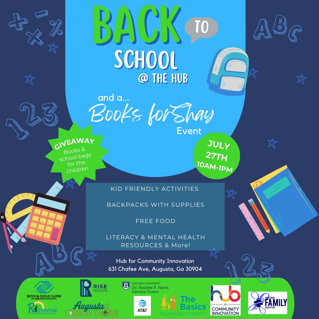 HUBAugusta's tweet photo. Feel like volunteering a few hours on Saturday, July 27? Have an organization that you want to have represented? Come volunteer or run a business table for the Back to School Bash at the HUB! 📚🎉
Sign up:
Volunteer: https://t.co/m89c9DNdaW
Organization: https://t.co/kMSWq6XvP2 https://t.co/X1YX0YLG9Y