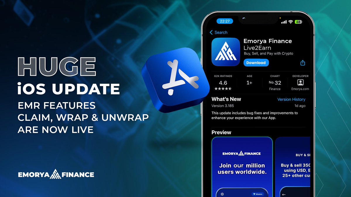 EmoryaApp's tweet image. 📣 Huge Update on iOS!

🟢We are happy to announce that our latest update for the Emorya Finance App on iOS is now live!

New Features:

📲Claim, Wrap, and Unwrap your EMRS tokens directly within the app.

🚀We are just two steps away from launching the app for everyone!

🔛Swap…