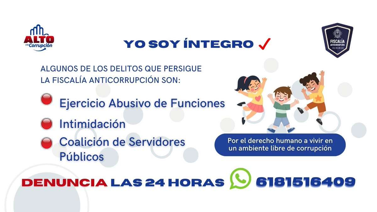 Si eres servidor público y cometes un delito de corrupción puedes ser castigado con prisión, multa e inhabilitación. #YoSoyÍntegro #TuDenunciaPuedeSerAnónima #AltoALaCorrupción #FECCED #Durango #Anticorrupción
