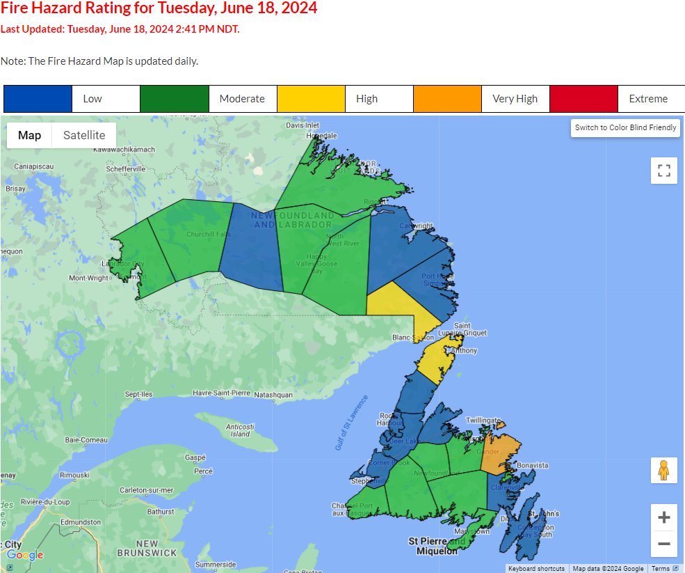 The fire hazard index is HIGH &amp; VERY HIGH for parts of the island &amp; Labrador today. Burning permits are invalid where the index is HIGH, VERY HIGH or EXTREME &amp; Open/outdoor fires are not permitted where VERY HIGH or EXTREME. Report wildfires: 1-866-709-FIRE (3473) #GovNL #nlwx