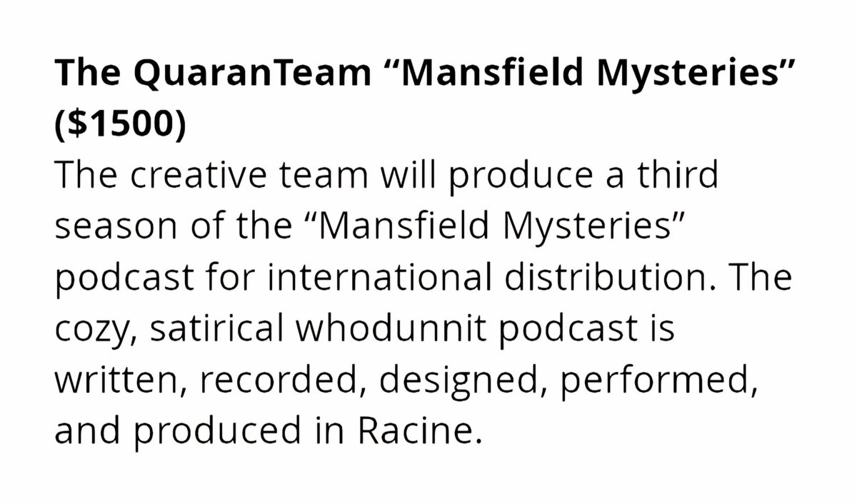 Quaranteam20's tweet photo. We're very excited today! We were just notified that our podcast was chosen for a $1500 grant to help support another season of #MansfieldMysteries!

#ArtSEEDGrant #FictionPodcast #RacineArtsCouncil #Satire #ExtremelyGrateful #Comedy #WisconsinArtsBoard #CozyMystery

🍸🔎🔪🎧💋🥂 https://t.co/u1NerQqrXh