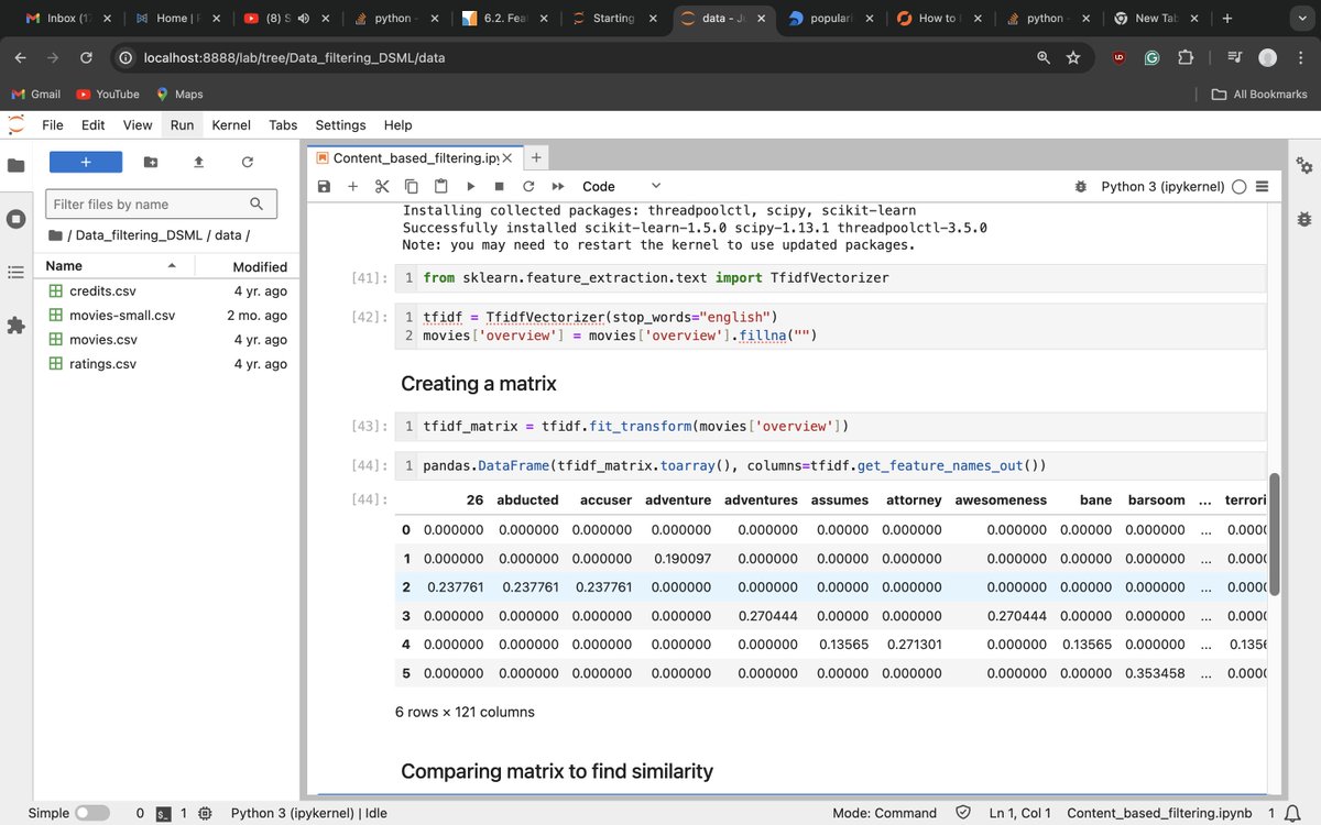 KrishnaKarki_'s tweet image. #LSPPDay18,
🚀 Today I Learned how to find the most similar movies to the user&apos;s interest using a content-based filtering approach.
 
⚙️ Tools used -&amp;gt; Jupyter-lab

  Covered:
- content-based filtering

@lftechnology 
#60DaysOfLearning
#LearningWithLeapforg