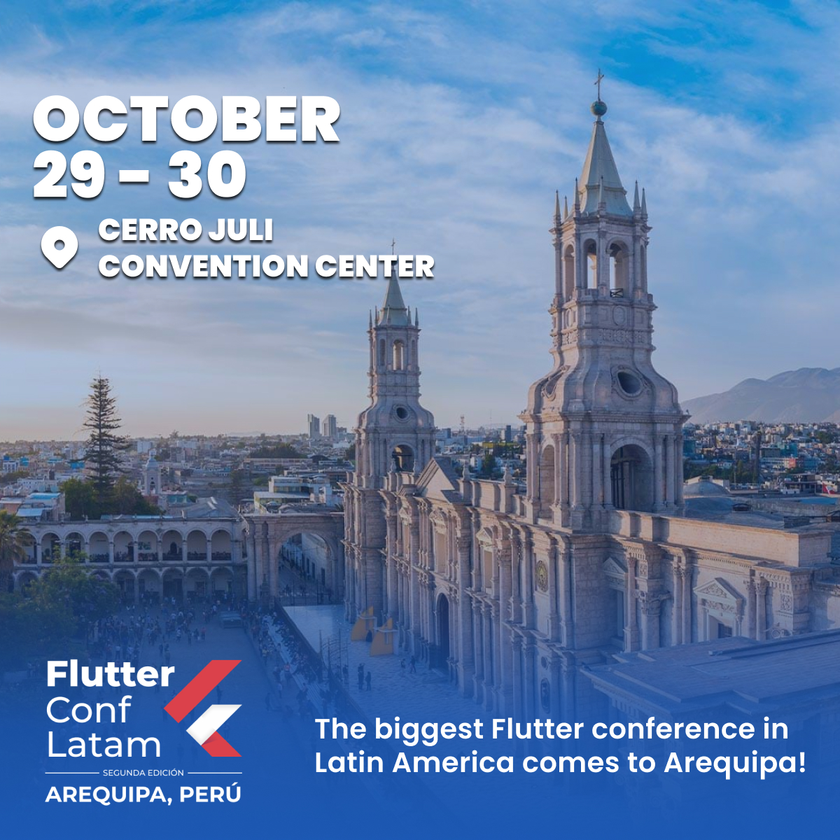 FlutterConfLAT's tweet image. Welcome to Arequipa! 🥳 🏔️
FlutterConf Latam 2024 venue. An ideal destination to discover, taste and learn more about Flutter. See you at the Cerro Juli Convention Center, this October 29 and 30 🤓📱💙
Get your ticket now 👉 flutterconflatam.dev