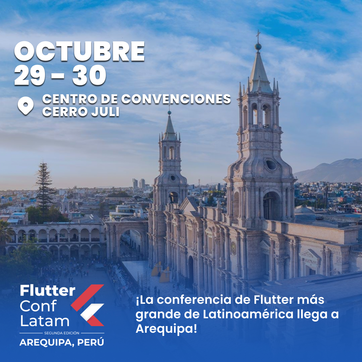 FlutterConfLAT's tweet image. Welcome to Arequipa! 🥳 🏔️
FlutterConf Latam 2024 venue. An ideal destination to discover, taste and learn more about Flutter. See you at the Cerro Juli Convention Center, this October 29 and 30 🤓📱💙
Get your ticket now 👉 flutterconflatam.dev