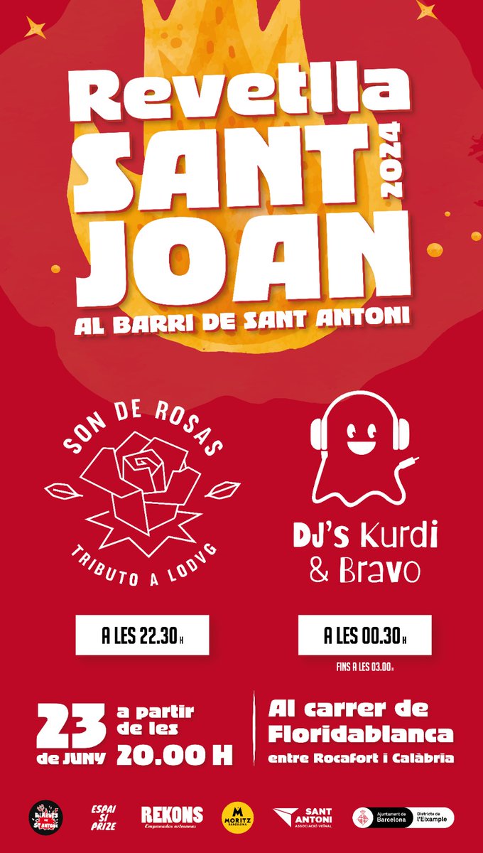 Revetlla de Sant Joan 🎉 reserva anticipada de taules per sopar, pack taula +6 cadires: 5€, preu cadira 1€.
Reserves a l'associació veïnal de Sant Antoni Av mistral 30 🥰🔥