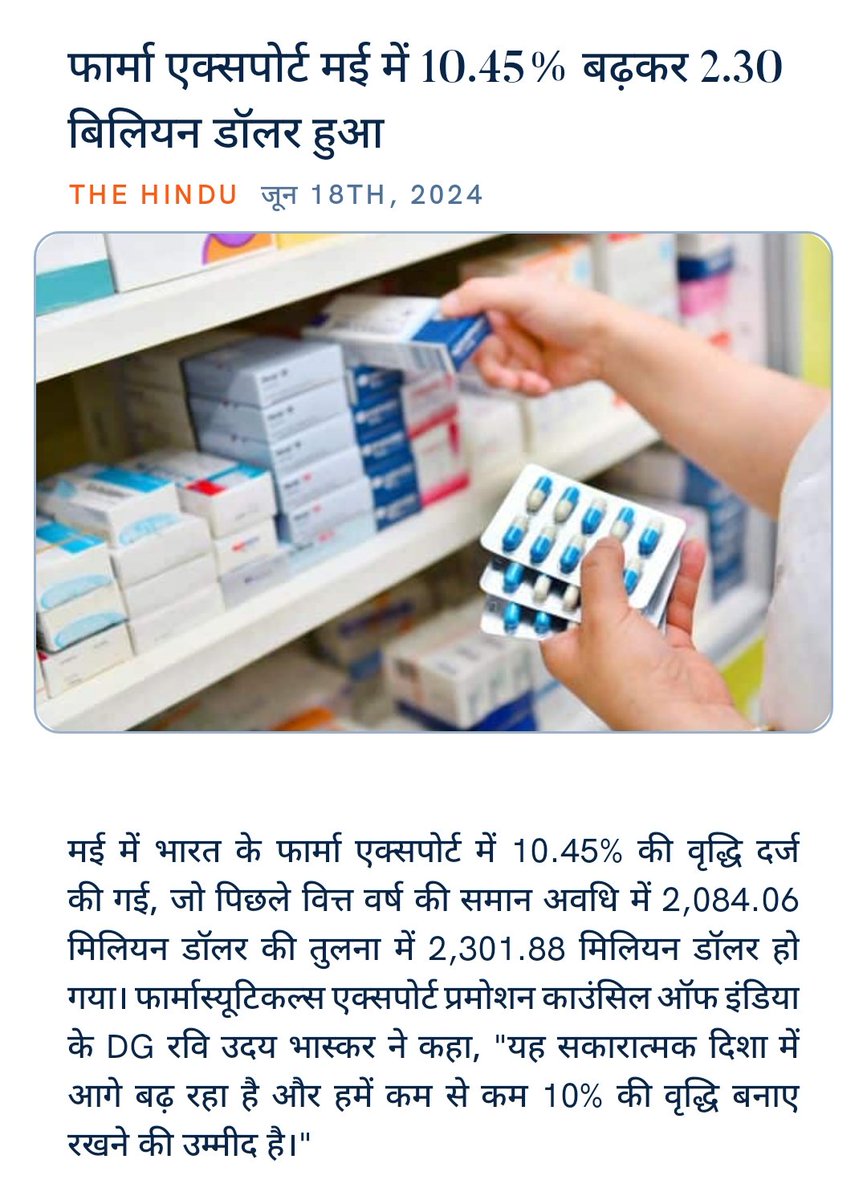 ankitkumar77e's tweet image. फार्मा एक्सपोर्ट मई में 10.45% बढ़कर 2.30 बिलियन डॉलर हुआ
thehindu.com/business/pharm… via NaMo App
