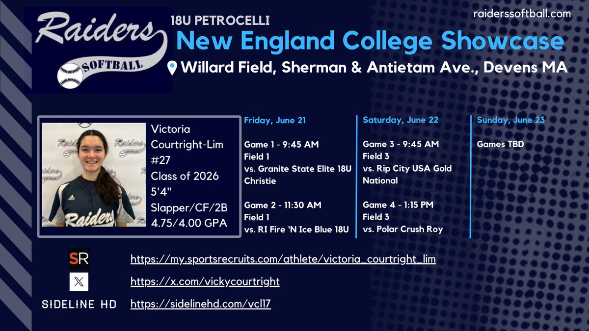 Victoria Courtright 2026 (@vickycourtright) on Twitter photo On to the next tournament. My schedule for the Summer NE College Showcase. <a href="/mitsoftball/">MIT Softball</a> <a href="/Amherst_SBall/">Amherst Softball</a> <a href="/WellesleySball/">Wellesley Softball</a> <a href="/TuftsSoftball/">Tufts Softball</a> On to the next tournament. My schedule for the Summer NE College Showcase. <a href="/mitsoftball/">MIT Softball</a> <a href="/Amherst_SBall/">Amherst Softball</a> <a href="/WellesleySball/">Wellesley Softball</a> <a href="/TuftsSoftball/">Tufts Softball</a>
