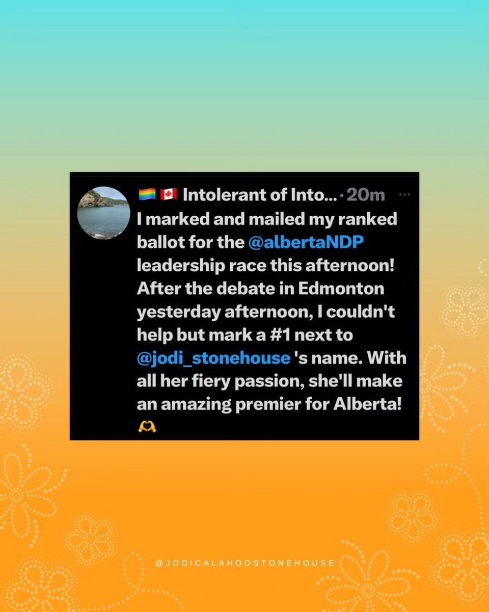 jodi_stonehouse's tweet photo. Thank you for your support—it inspires me daily! With only 4 days left, please vote online at https://t.co/4qYvSfQgbW. Let's build Alberta's future together!
#yeg #yyc #abpoli #abndp #abledge https://t.co/QfrMxivQKi
