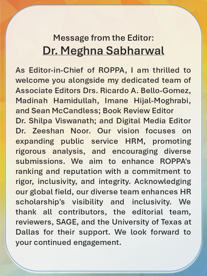 Review of Public Personnel Administration (@reviewofppa) on Twitter photo Say hello to <a href="/ReviewofPPA/">Review of Public Personnel Administration</a>'s new Editor-in-Chief <a href="/msabharwalutd/">Meghna Sabharwal</a>! Say hello to <a href="/ReviewofPPA/">Review of Public Personnel Administration</a>'s new Editor-in-Chief <a href="/msabharwalutd/">Meghna Sabharwal</a>!