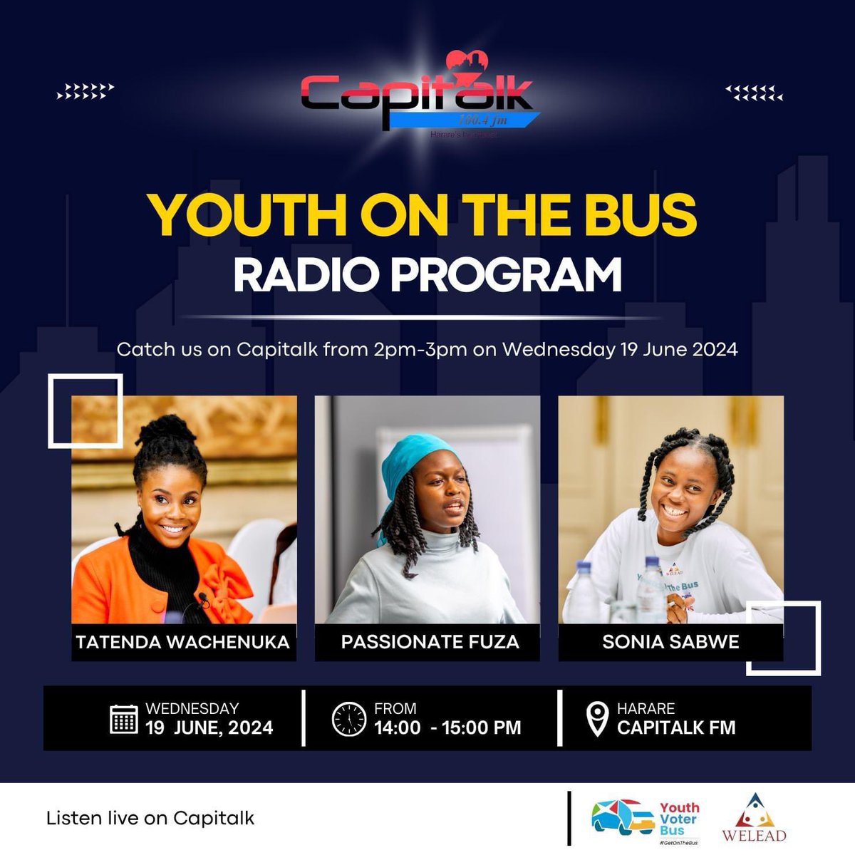 namataik_'s tweet image. Hey you, tune in to this national radio program on youth participation and representation called Youth On The Bus! #PindaMubhazi #GetOnTheBus #NgenaEbhasini 

Remember to follow @weleadteam while you are at it!