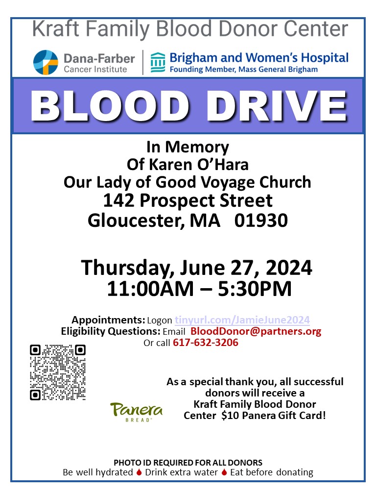 Kraft Family Blood Donor Center
<a href="/KraftBloodDonor/">Kraft Family Blood Donor Center</a>

Blood Donors are the lifeline to our local community patients.  Help replenish our hospital blood supply by donating blood today.  Our bloodmobile will be going to Gloucester, Thursday, July 27 2024.  Please make an appointment.