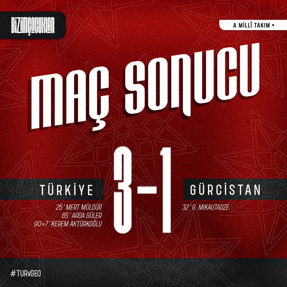 💪 👏 Gruptaki ilk maçımızdan galibiyetle ayrılıyoruz. Tebrikler #BizimÇocuklar🇹🇷  #TURvGEO #EURO2024