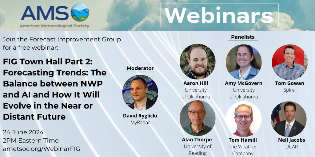 Join the AMS Forecast Improvement Group for a free webinar as they continue the conversation around how AI and NWP are going to evolve in concert over the coming years.

Meet the panelists &amp; bring questions for an open-forum Q&amp;A session on 24 June, 2PM ET: bit.ly/45uYk84