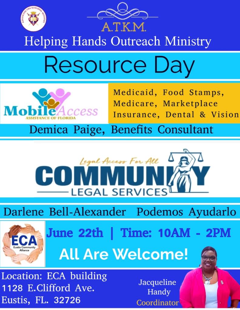 clsmf's tweet image. Join us on June 22nd, from 10AM - 2PM, at Eustis Community Alliance for Helping Hands Outreach Ministry&apos;s Resource Day!

#CLSInTheCommunity #LakeCounty #CLS #LegalServices #LegalAid