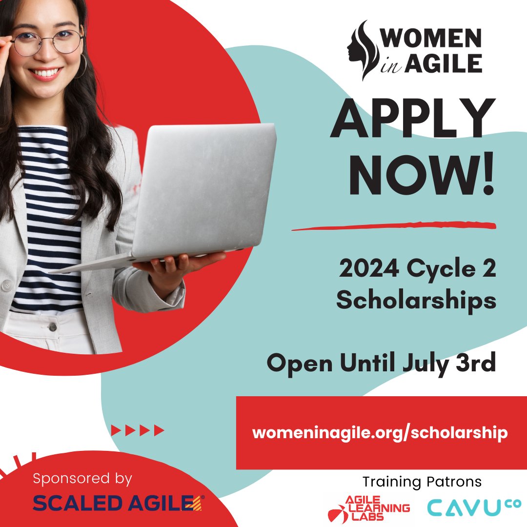 Turbocharge your Agile career! Applications are OPEN from June 17 to July 3 for our 2nd scholarship cycle of 2024! Apply now and accelerate your Agile journey! Thanks to our sponsor <a href="/ScaledAgile/">Scaled Agile</a> and patrons <a href="/ourcavu/">CAVU</a> and <a href="/AgileLearning/">Agile Learning Labs</a>! #WiA #WiAScholarship #WomeninAgile