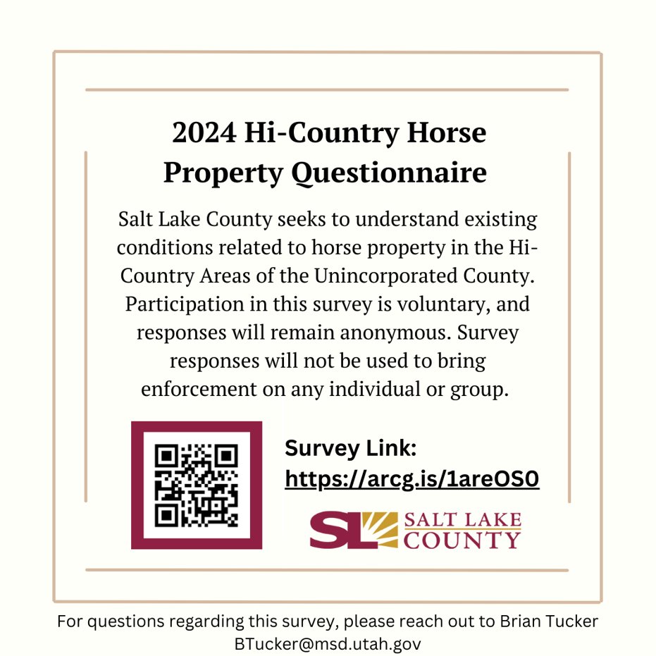 🐎 Hi-Country Property Owners! 🌿

Salt Lake County needs your feedback! Please take a moment to complete a brief survey about horse properties in your area. 

📋 Start the survey: arcg.is/1areOs0

#SaltLakeCounty #HorsePropertySurvey #CommunityInput