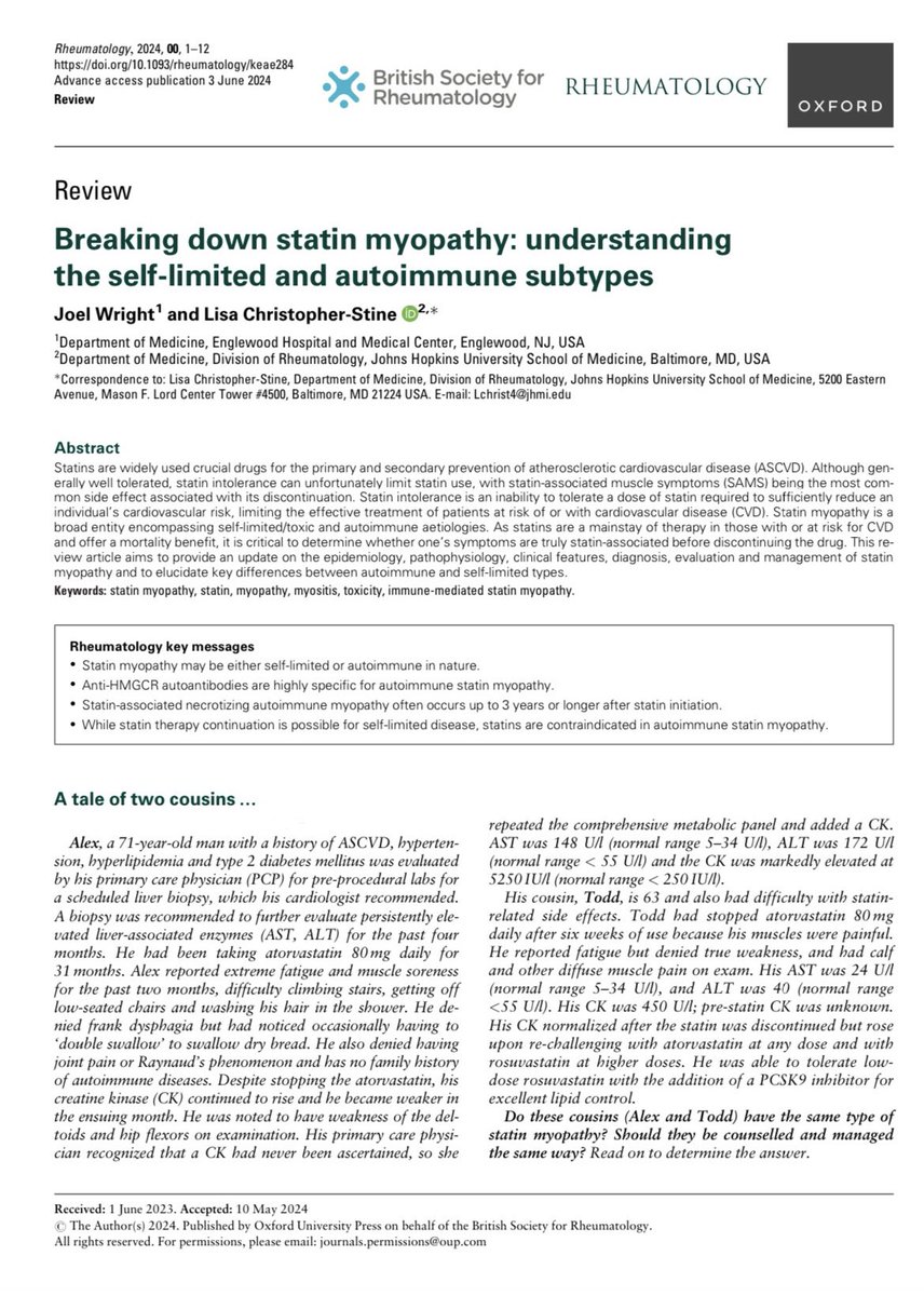 Excited to publish this work reviewing toxic and autoimmune statin myopathy with <a href="/DrLisaCS/">LisaChristopherStine</a>  🙌🏽 

doi.org/10.1093/rheuma…

#rheumatology #myositis #antiHMGCRmyopathy