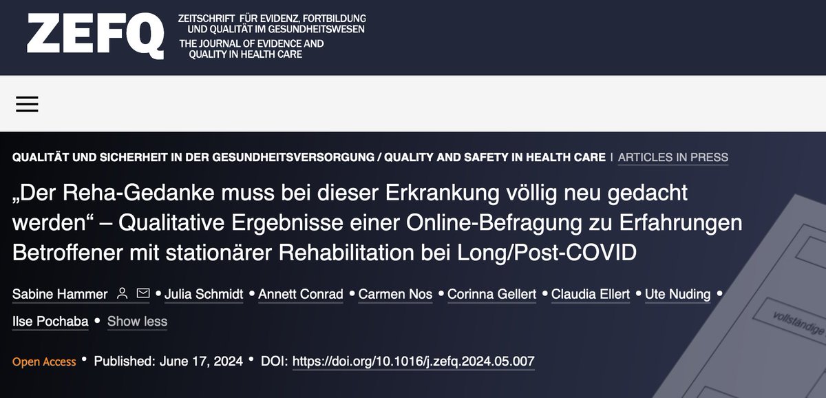 Long COVID Deutschland (LCD) (@longdeutschland) on Twitter photo "Der Reha-Gedanke muss bei dieser Erkrankung völlig neu gedacht werden"
Die Datenanalyse zur #LongCovid-Reha Online-Umfrage von LCD & <a href="/SabineHammer24/">Prof. Dr. Sabine Hammer</a> wurde jetzt als Artikel in ZEFQ veröffentlicht.
Link zur Studie: zefq-journal.com/article/S1865-…
Pressemitteilung: longcoviddeutschland.org/wp-content/upl… "Der Reha-Gedanke muss bei dieser Erkrankung völlig neu gedacht werden"
Die Datenanalyse zur #LongCovid-Reha Online-Umfrage von LCD & <a href="/SabineHammer24/">Prof. Dr. Sabine Hammer</a> wurde jetzt als Artikel in ZEFQ veröffentlicht.
Link zur Studie: zefq-journal.com/article/S1865-…
Pressemitteilung: longcoviddeutschland.org/wp-content/upl…