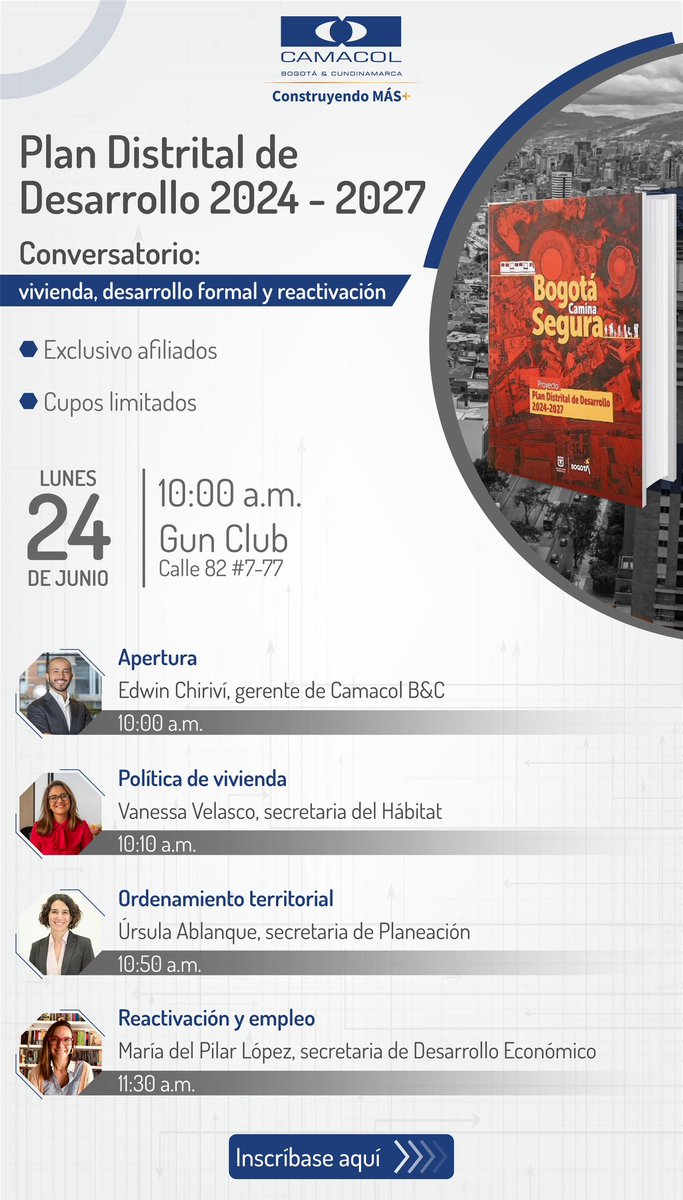 CAMACOLBOGOTA's tweet image. Este 24 de junio realizaremos un conversatorio sobre el #PlanDistritalDeDesarrollo 2024-2027, enfocado en vivienda, desarrollo formal y reactivación. Este evento contará con la participación de @Ejchirivi , gerente de #CamacolByC, y las secretarias @vvbernal de @habitatbogota,…