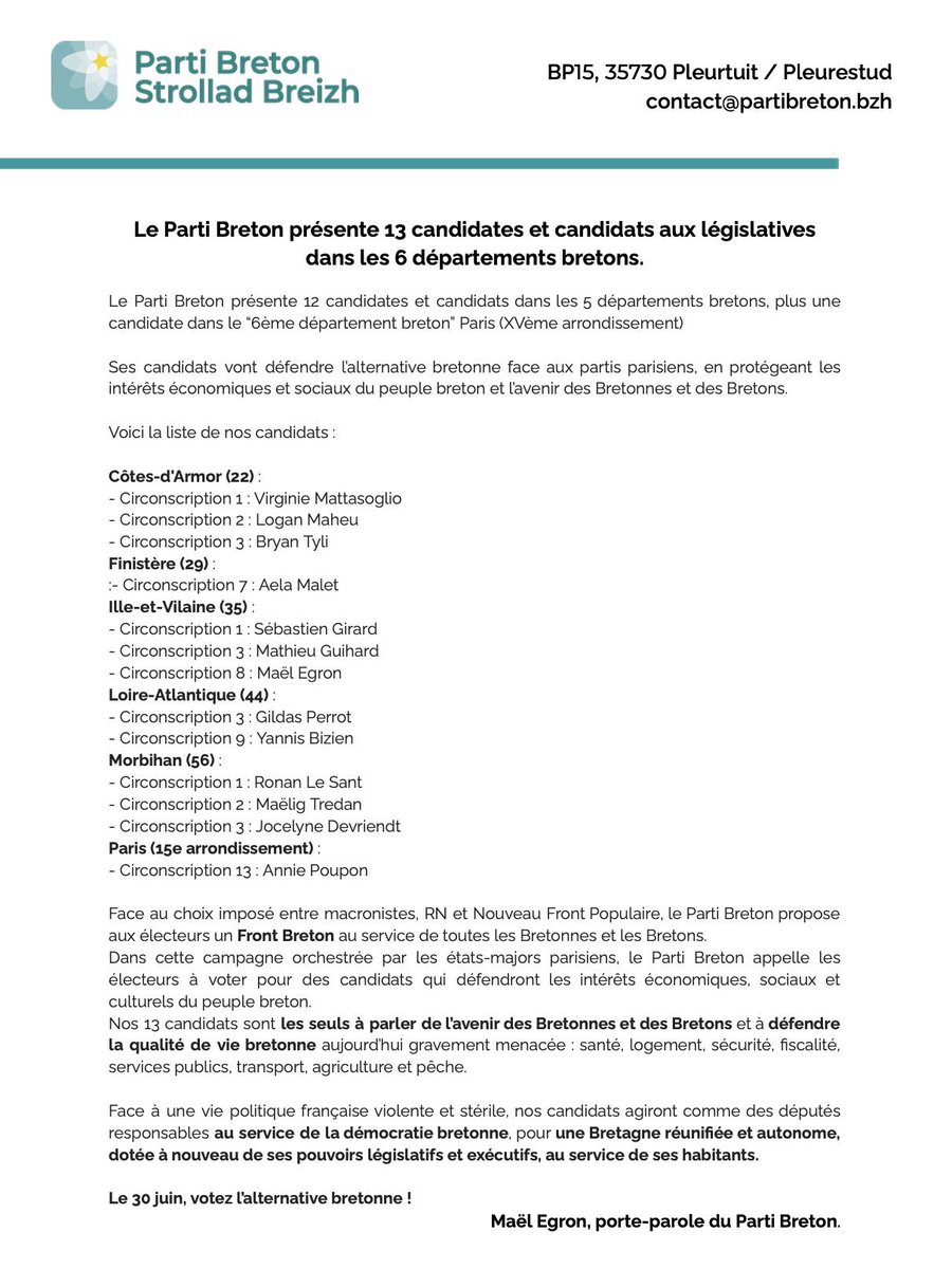 #LegislativesAnticipées Le <a href="/PartiBreton/">Parti Breton - Strollad Breizh</a> l’audace de la jeunesse ! Seul parti breton à présenter des candidats dans les 5 départements de #bretagne