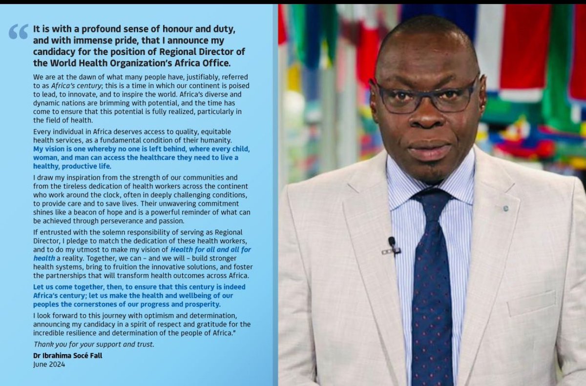 I support Dr Ibrahima Socé Fall <a href="/SoceFallBirima/">Dr Socé Fall - DrMed, PhD, FFPH</a> .
He’s the best candidate for WHO AFRO  Regional director 🇸🇳🇸🇳🇸🇳