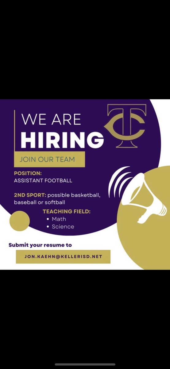 Timber Creek High School is still looking for an assistant football coach, position best fit. Second sport is flexible. Teaching fields are math or science. Great community, campus and staff! If interested, please email Jon.kaehn@kellerisd.net

<a href="/TCHSFootball/">TCHS Falcon Football</a>
<a href="/Matt_Stepp817/">Matt Stepp</a>