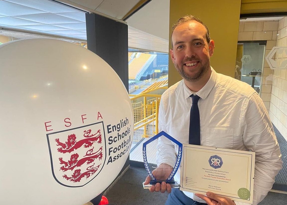 We are incredibly proud of Matt Evans who has been announced as the winner of the ESFA Teacher Dedication Award at the Reward &amp; Recognition Awards 2024! Matt received the award at Molineux for his work at Balfour and in particular the growth in girls football at the school.