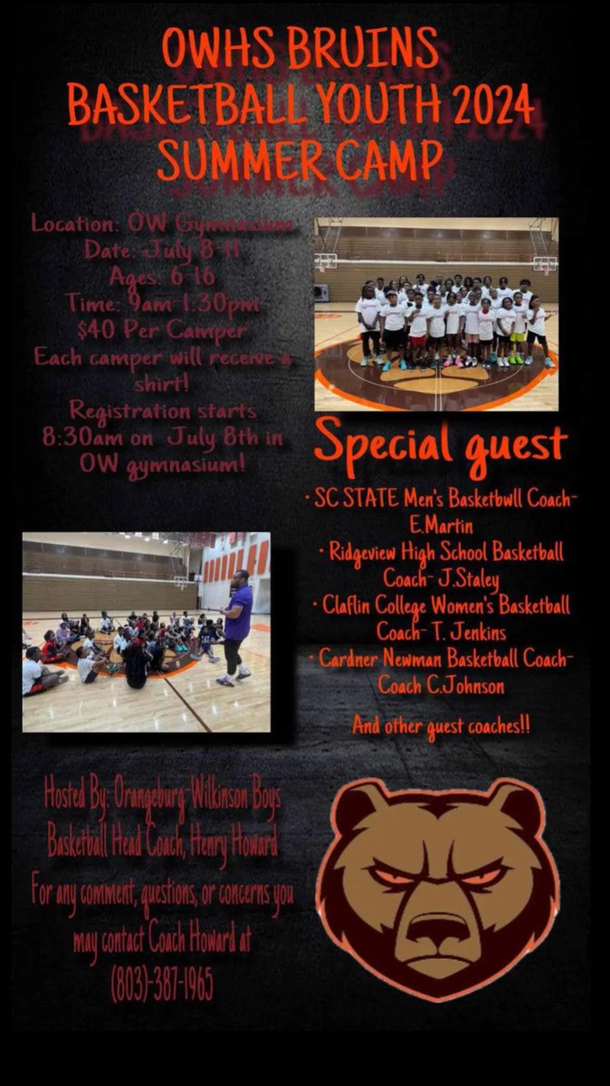 OW Bruins 2nd annual youth basketball camp! For any comments, questions, or concerns you may contact coach Howard at (803)-387-1965 #ExpectToWin