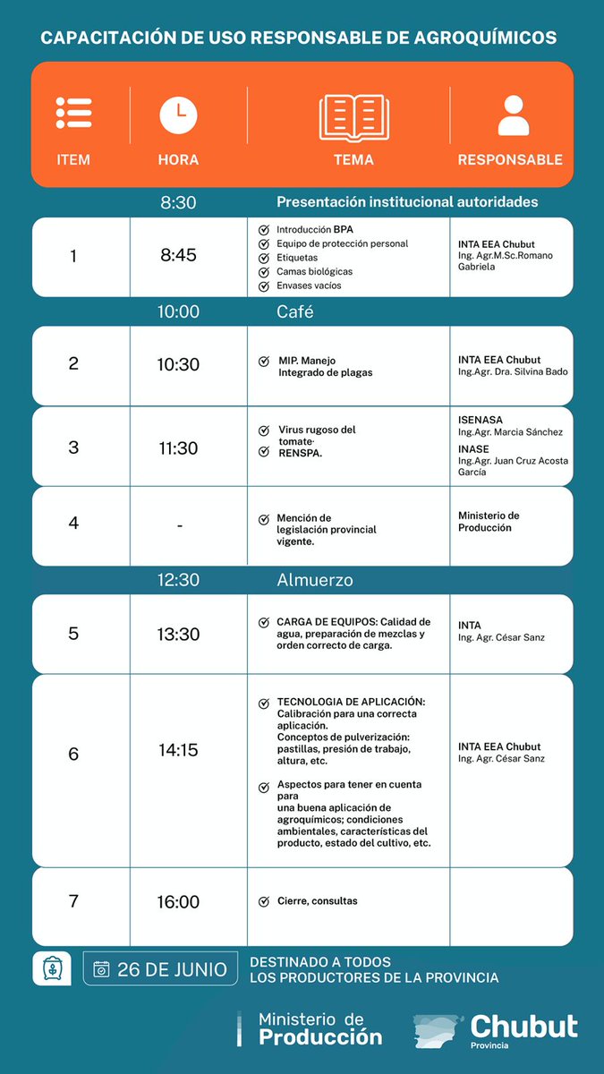 Capacitación sobre uso responsable de #agroquímicos
Para productores agropecuarios y técnicos
🗓️26/06
 ⏰8,30  hs 
📌EEA INTA 25 de Mayo N° 4870  #Trelew
Inscribite hasta el 24/06 en tinyurl.com/nhj4zcnn
Transmisión #online en youtube.com/@inta.argentina