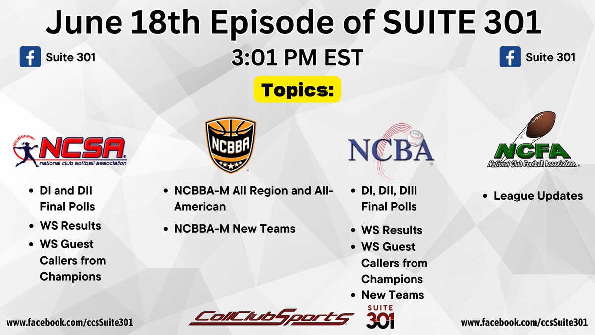 🚨SUITE 301 TODAY🚨   

Make sure to go like the Suite 301 Facebook page (facebook.com/ccsSuite301) so that you can enjoy the show starting @ 3:01 PM EST