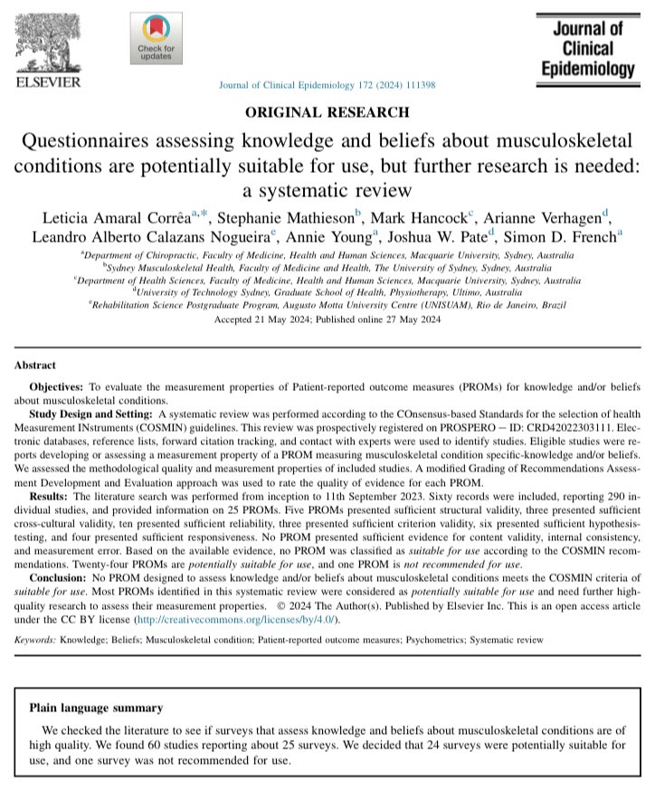 Leticia Corrêa (@leticiaamaralc) on Twitter photo Happy to share our new paper on measurement properties of PROMs assessing knowledge and/or beliefs about musculoskeletal conditions. <a href="/JClinEpi/">Journal of Clinical Epidemiology</a>
Result of more than 2 years of research with an amazing team. Hopefully a good resource to you!
Open access: jclinepi.com/article/S0895-… Happy to share our new paper on measurement properties of PROMs assessing knowledge and/or beliefs about musculoskeletal conditions. <a href="/JClinEpi/">Journal of Clinical Epidemiology</a>
Result of more than 2 years of research with an amazing team. Hopefully a good resource to you!
Open access: jclinepi.com/article/S0895-…