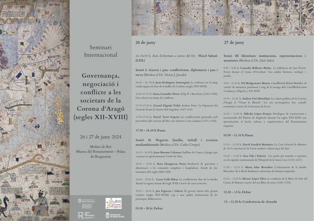 crmrub's tweet photo. Ens plau presentar-vos el programa del seminari "Governança, negociació i conflicte a les societats de la Corona d'Aragó (segles XII-XVIII)" que organitzem des de la @crmrub juntament amb @hiscoar. 

🗓️26 i 27 de juny
📍@MRenaixement - Palau de Requesens https://t.co/A76O03Ce1K