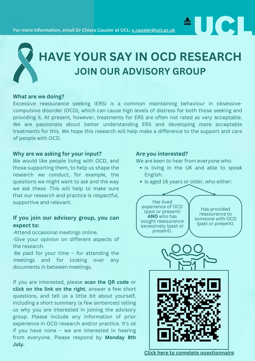 ✨✨ We are looking for people to join our advisory group for OCD research at UCL ✨✨

If you are interested, take a look at the flyer below and please complete the following brief form: qualtrics.ucl.ac.uk/jfe/form/SV_37…

Please share with anyone you think might be interested!