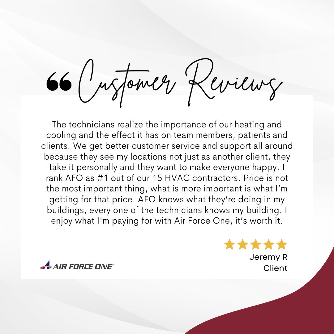 ⭐⭐⭐⭐⭐

Another 5 star review!

We not only sincerely appreciate reviews from our clients but also the feedback to make our team and services the best it can be.

Learn more about why Air Force One is the best partner for your HVAC and facility needs:  ...