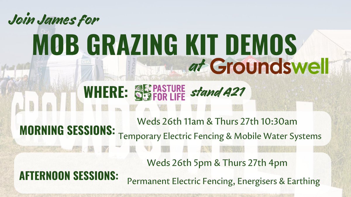 James will be at Groundswell next week, with 4 x 
Mob Grazing Kit Demo sessions at the <a href="/PastureForLife/">Pasture For Life</a> stand!  Join him to chat grazing and infrastructure! 

<a href="/Groundswellaguk/">Groundswell</a>
groundswellag.com/speakers/james…