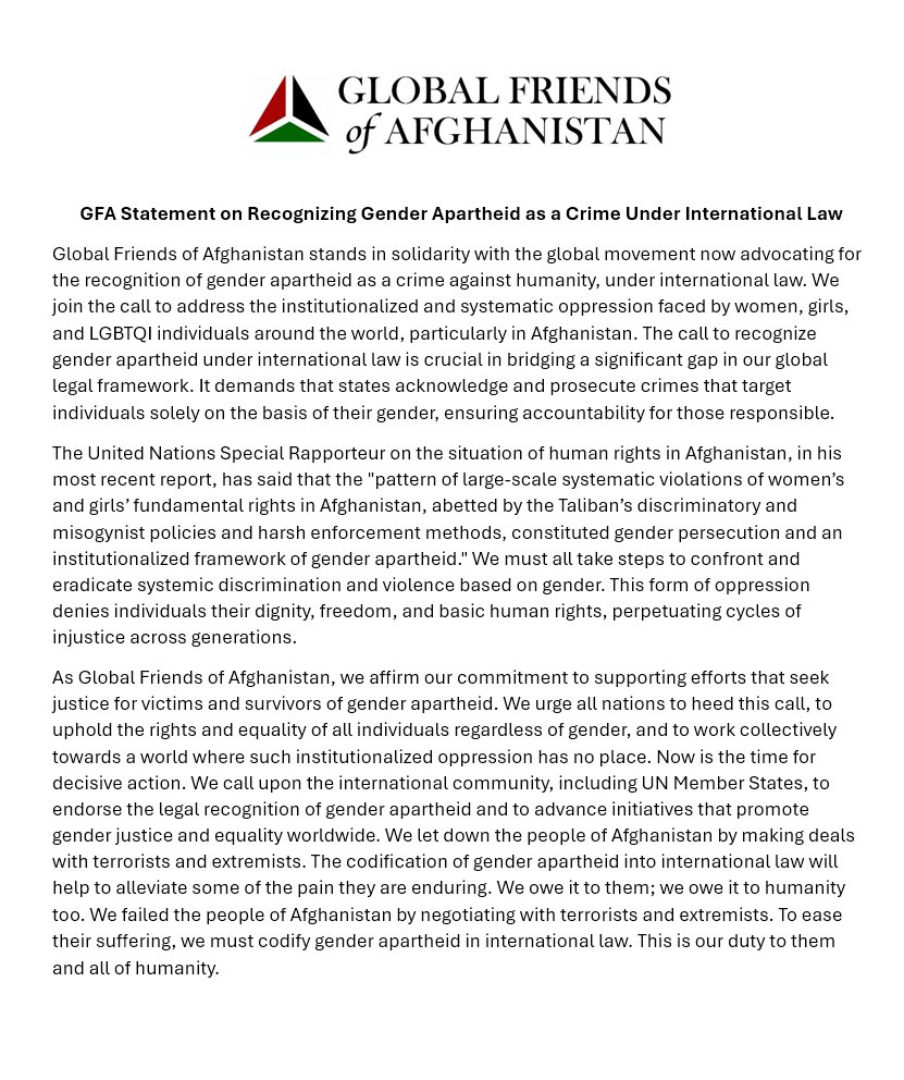 Thanks to the <a href="/EGACampaign/">End Gender Apartheid</a> for your continuous efforts to eradicate #genderApartheid 

<a href="/GFAfghanistan/">Global Friends of Afghanistan</a> fully supports this campaign 

<a href="/Metra_Mehran/">Metra Mehran</a> <a href="/YaldaRoyan/">Yalda Royan</a> <a href="/SR_Afghanistan/">UN Special Rapporteur Richard Bennett</a> <a href="/SaraWahedi/">Sara Wahedi</a> <a href="/NazaninBoniadi/">Nazanin Boniadi</a> <a href="/CrystalBayat37/">Crystal Bayat</a>  <a href="/NazilaJamshidi1/">Nazila Jamshidi</a> <a href="/HosnaJalil/">Hosna Jalil</a> <a href="/Global_ErinH/">Erin Hohlfelder</a> <a href="/heatherbarr1/">Heather Barr</a>