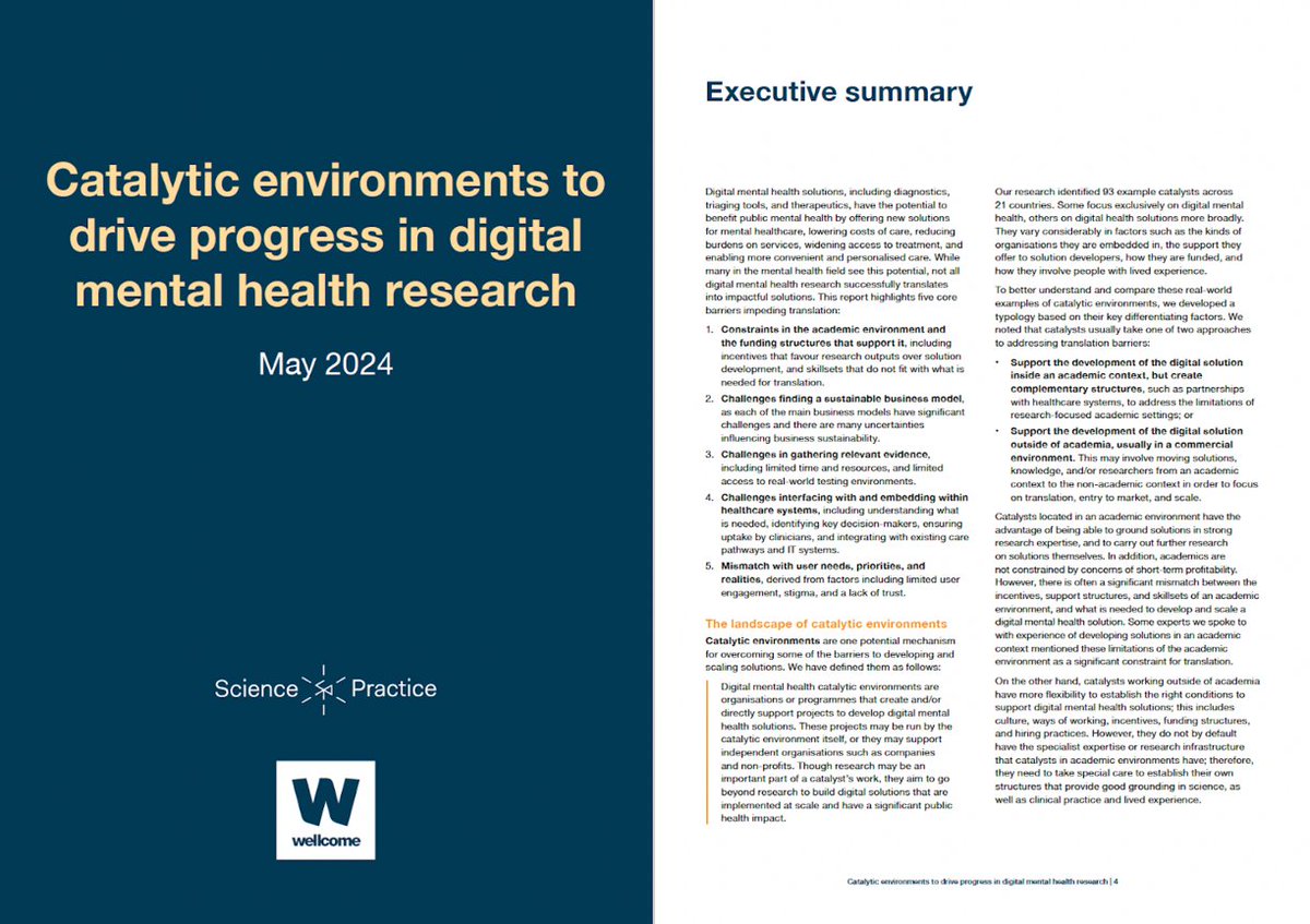 Our new report for <a href="/wellcometrust/">Wellcome</a> is now live! doi.org/10.21955/wellc…

Digital mental health diagnostics, triaging tools, and therapeutics have massive potential, but they're too often stymied by significant challenges. Enter *catalytic environments*. 🧵1/