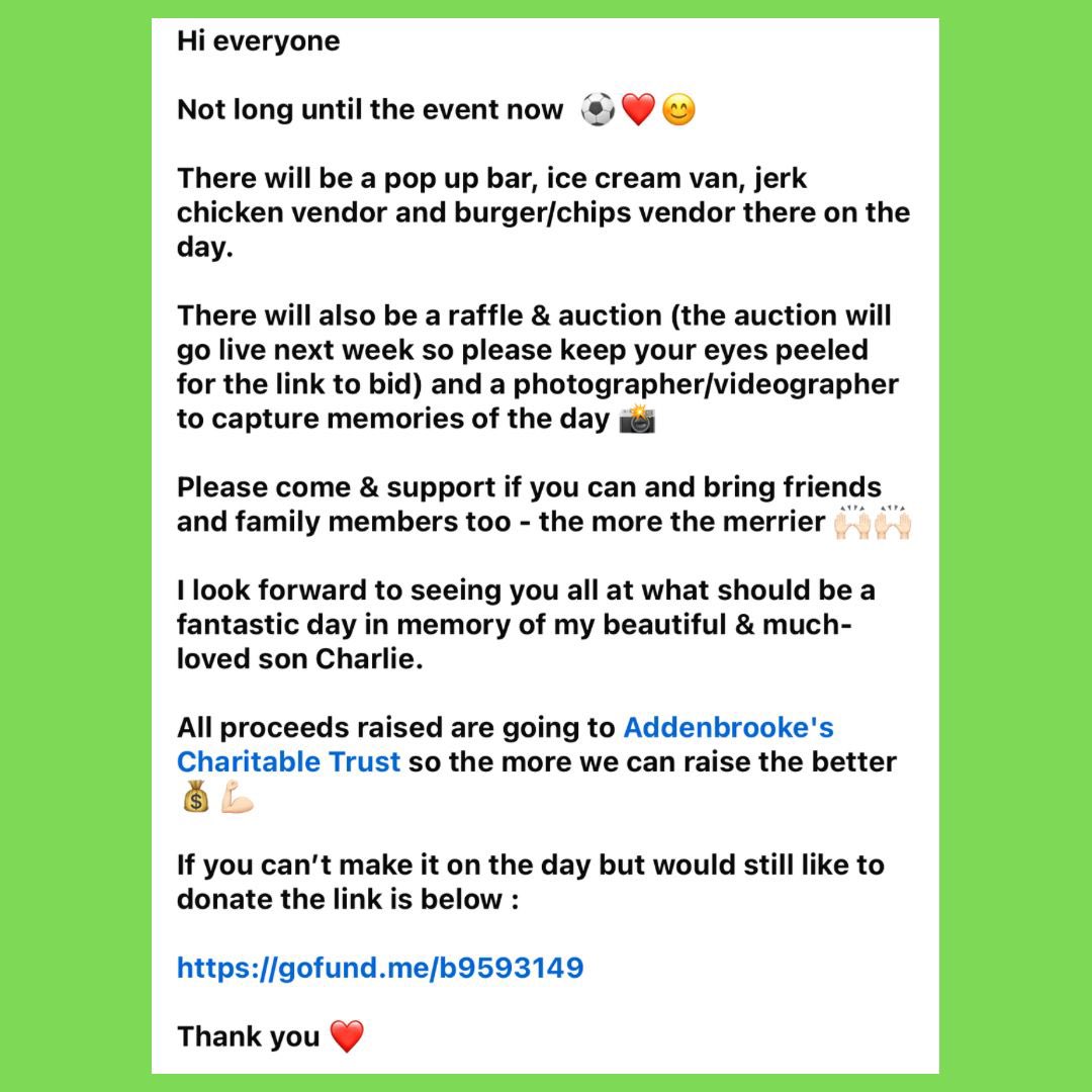 ‼️| CHARLIE WALKER MEMORIAL DAY

Our beloved physio <a href="/TherapyArk/">ARK Therapy</a> will be hosting a charity tournament on the 13th of July for her son Charlie Walker who sadly passed away last year.

If you would like to donate anything to <a href="/ACTcharity/">Addenbrooke's Charity</a> please do!

gofund.me/b9593149