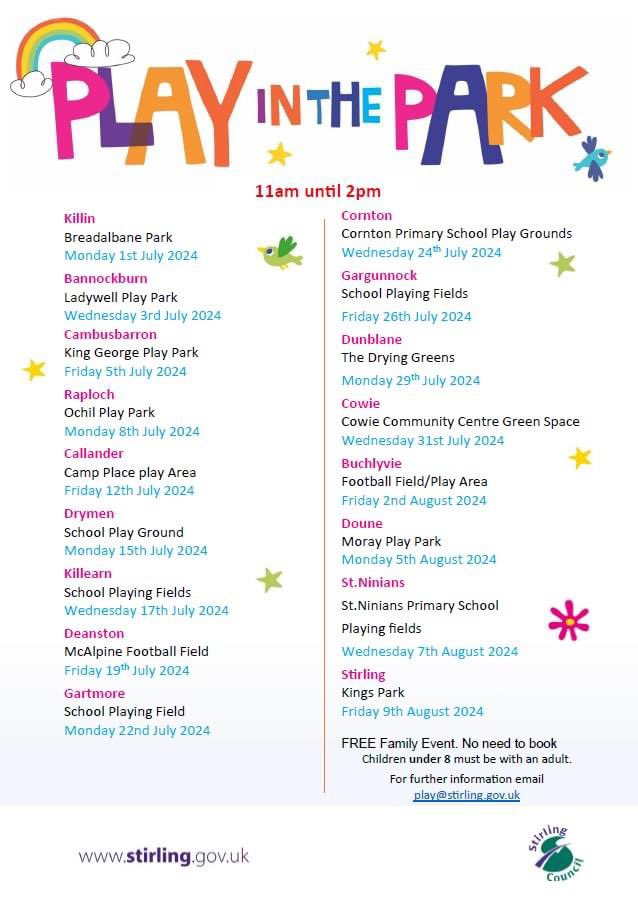 Our free Play in the Park activity programme is available across Stirling this summer!

The events are hosted within open green spaces/play grounds with a variety of marquees set up by the play team to provide a wide range of activities.

We look forward to seeing you! 😊☀️🎨🌳