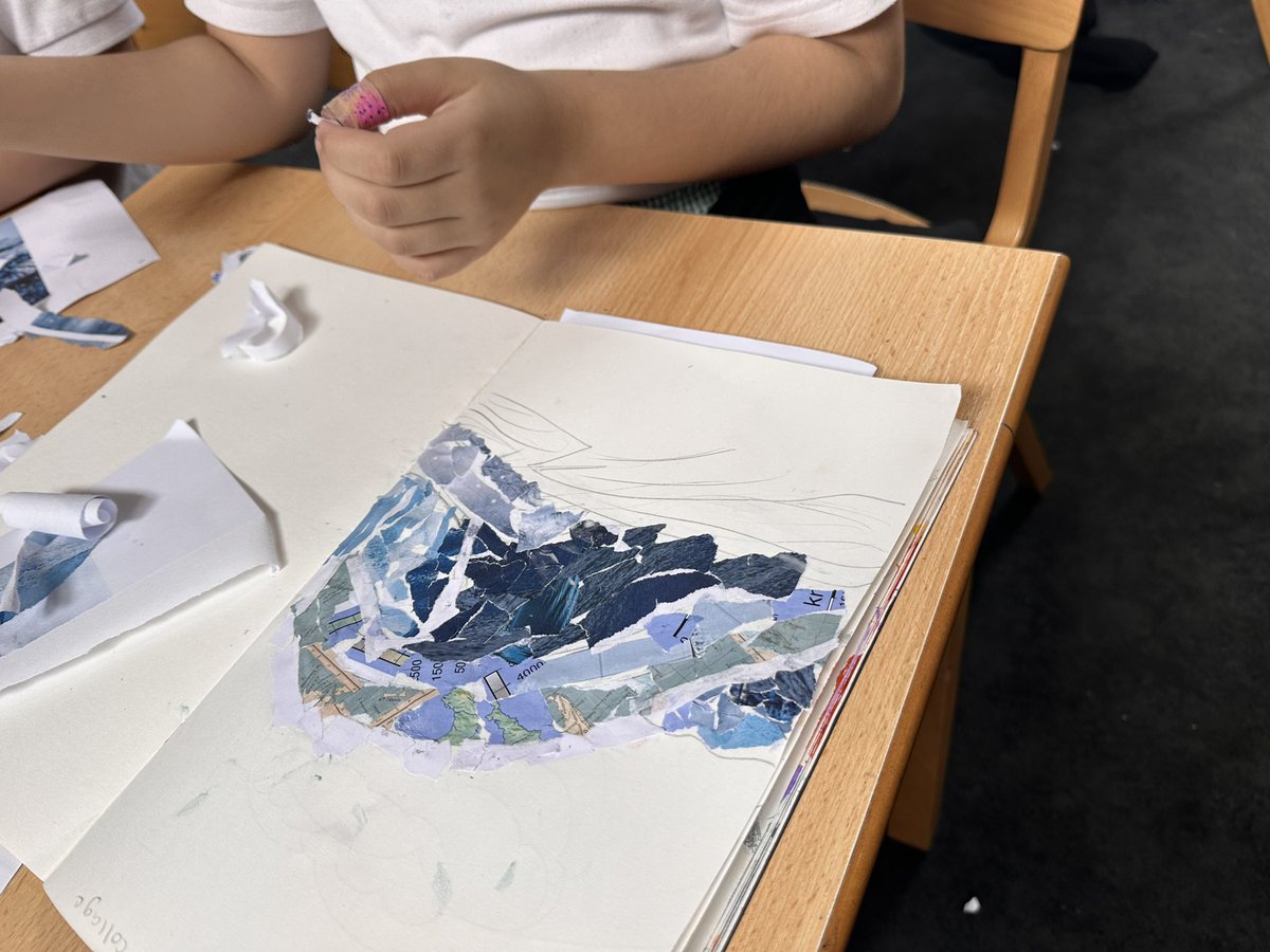 justmissali's tweet photo. Drawing on inspiration from our core artist, Matthew Cusick, we created collages of waves. We used images from @HBO series #100footwave, to capture still images &amp; study gradient; creating depth &amp; tone &amp; the feeling of water with paper @WoodhillSch @amyartworksedu #ArtsFortnight https://t.co/iyMlzcLtNb
