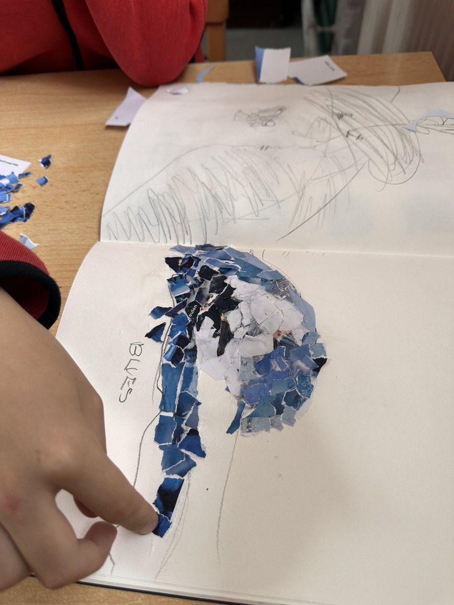 justmissali's tweet photo. Drawing on inspiration from our core artist, Matthew Cusick, we created collages of waves. We used images from @HBO series #100footwave, to capture still images &amp; study gradient; creating depth &amp; tone &amp; the feeling of water with paper @WoodhillSch @amyartworksedu #ArtsFortnight https://t.co/iyMlzcLtNb