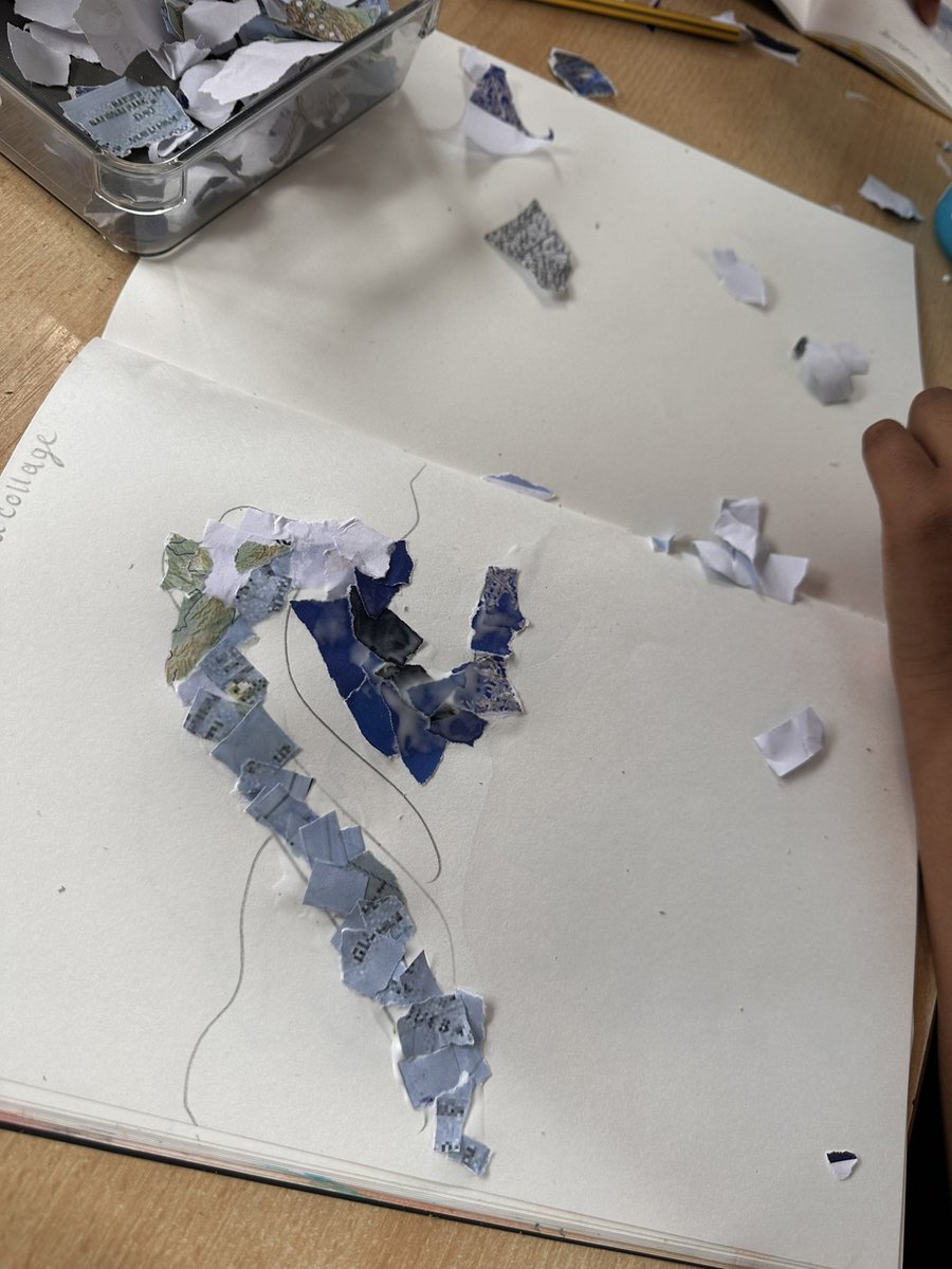 justmissali's tweet photo. Drawing on inspiration from our core artist, Matthew Cusick, we created collages of waves. We used images from @HBO series #100footwave, to capture still images &amp; study gradient; creating depth &amp; tone &amp; the feeling of water with paper @WoodhillSch @amyartworksedu #ArtsFortnight https://t.co/iyMlzcLtNb