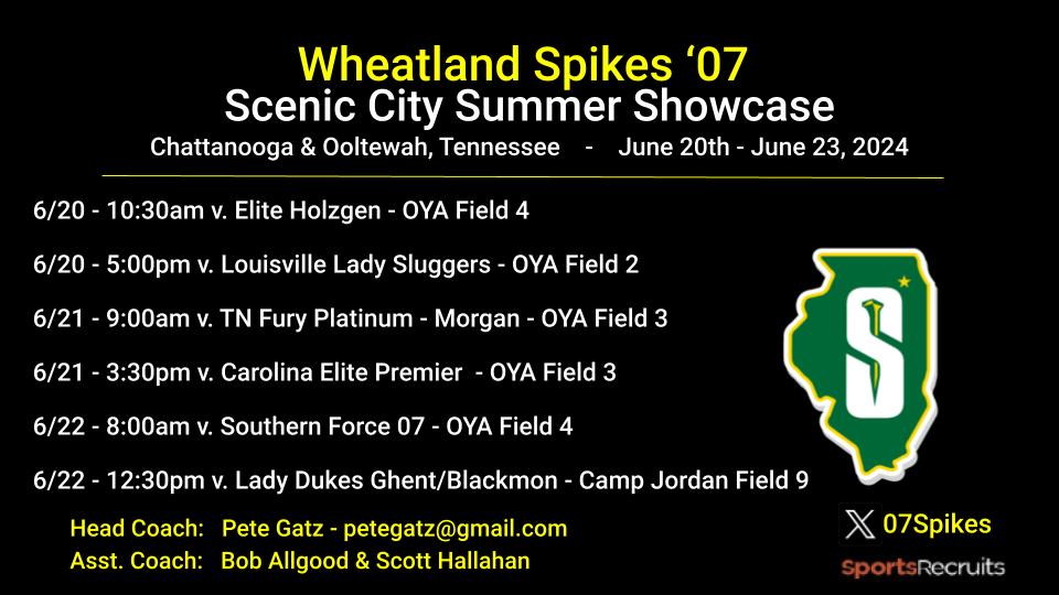Wheatland Spikes Premier 18u (@spikes18uprem) on Twitter photo Heading to Tennessee this week to compete at the Scenic City Summer Showcase in Chattanooga! <a href="/WheatlandSpikes/">Wheatland Spikes Softball</a> Heading to Tennessee this week to compete at the Scenic City Summer Showcase in Chattanooga! <a href="/WheatlandSpikes/">Wheatland Spikes Softball</a>