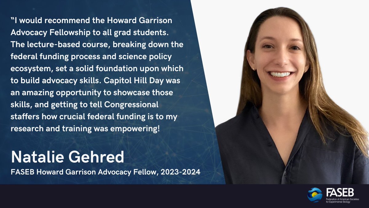 FASEBorg's tweet photo. Are you interested in enhancing your #advocacy and #SciComm skills like Natalie Gehred? Apply for FASEB's Howard Garrison Advocacy Fellowship and improve your skills while advocating for science! #AdvocateForScience 

Apply here: https://t.co/3Xk2b66yqa https://t.co/yGKvcjHskq