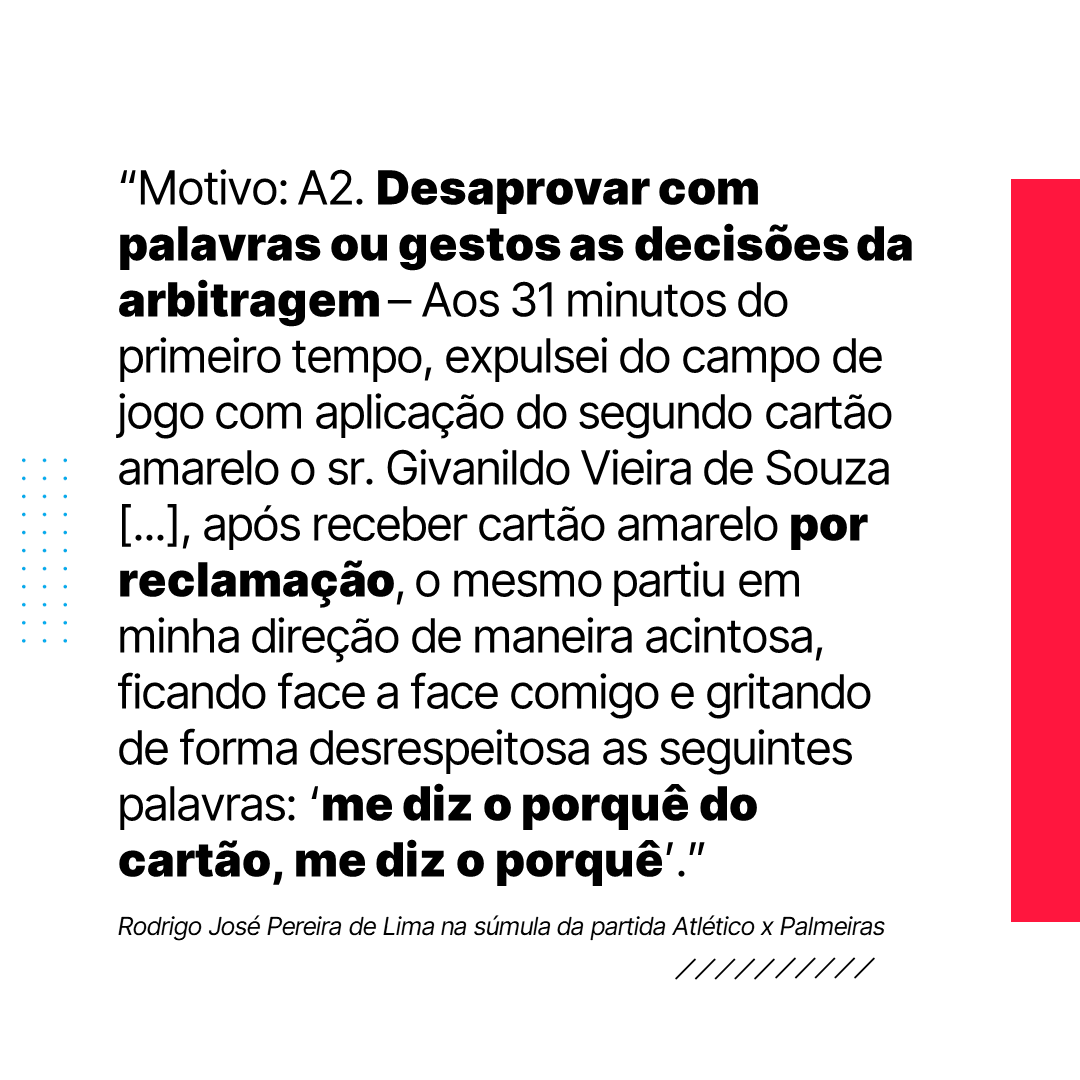 rubensmenin's tweet photo. Árbitros não são, ou pelo menos não deveriam ser, protagonistas do jogo. O que aconteceu na partida de ontem é motivo de revolta não só para os atleticanos, mas para qualquer um que queira o bem do futebol brasileiro. Está na súmula para qualquer um consultar: tivemos um jogador expulso por reclamação ou, nas palavras do próprio juiz, por "desaprovar com palavras ou gestos as decisões da arbitragem". 

Fica a pergunta: desde quando isso é motivo de expulsão? E onde está o desrespeito em questionar o motivo de um cartão amarelo após uma falta que o próprio jogador sofreu? Além de jogarmos quase toda a partida com um a menos, é inegável o impacto que uma injustiça dessas proporções tem na equipe. 

O Atlético tomará todas as medidas cabíveis, mas sinto que enquanto todos os clubes não conseguirem enxergar além dos resultados momentâneos para se unir e cobrar a profissionalização da arbitragem no Brasil, o problema continua longe de ser resolvido.