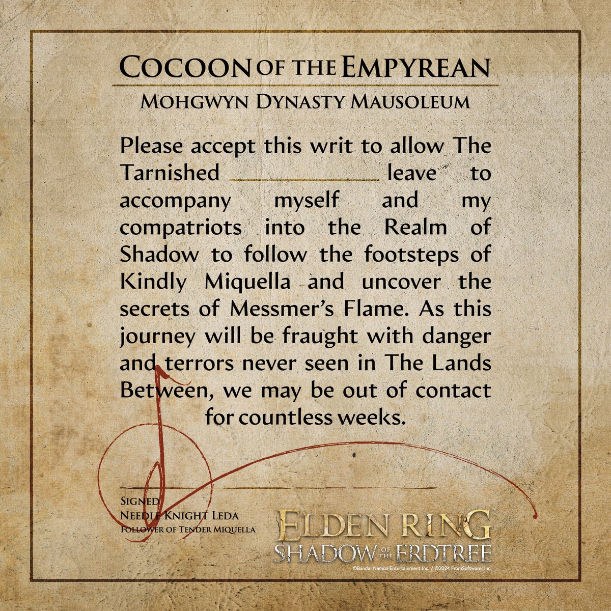 Tarnished, have your masters, educators, and overseers not seen the light of Miquella? 

Perchance use this note to convince them of the importance of your quest in the Realm of Shadow.

#EldenRing #ShadowoftheErdtree