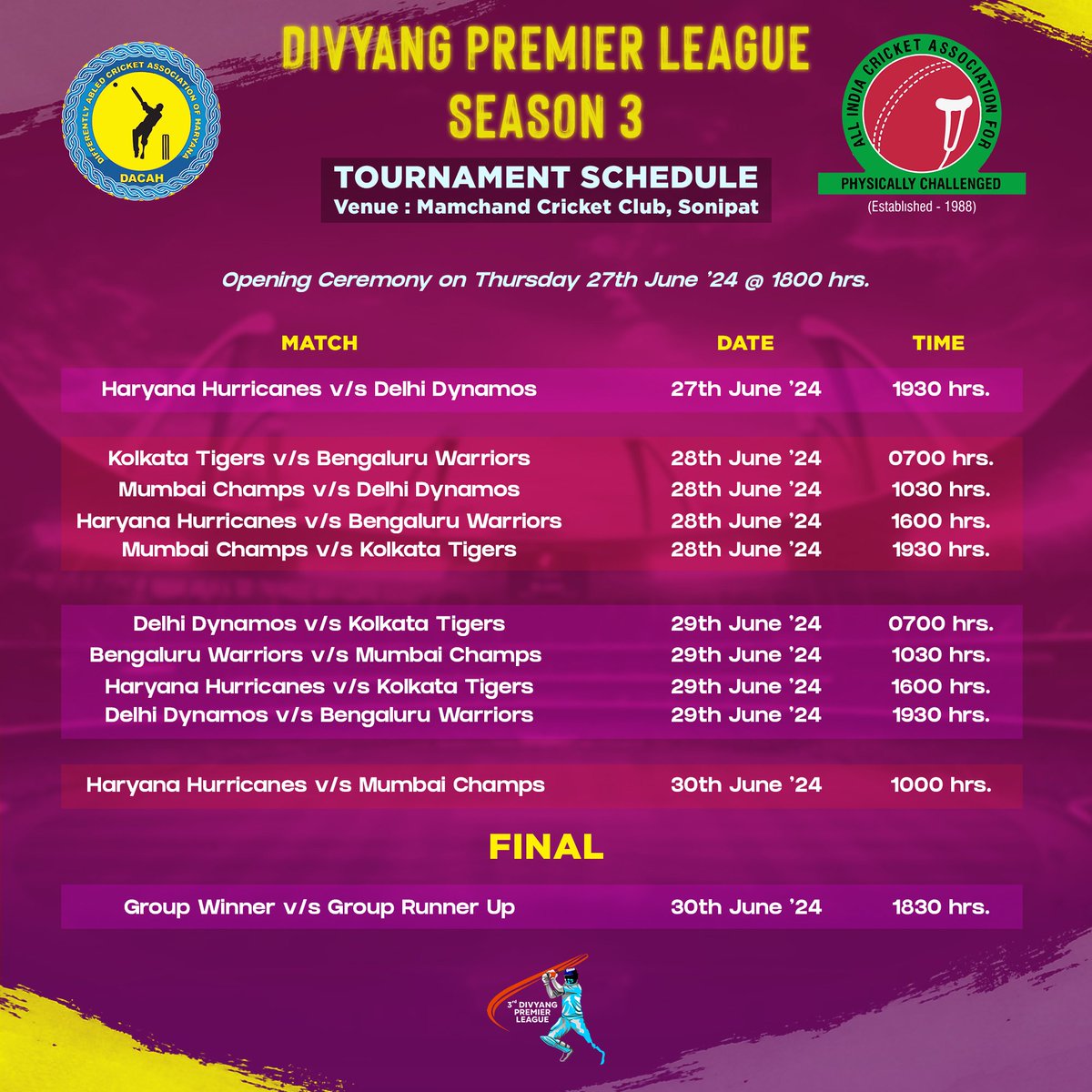 dplt20league's tweet photo. Schedule for Divyang Premier League Season 3 📆🏏

Get ready for the biggest event in Divyang cricket – the Divyang Premier League Season 3, taking place from June 27 to 30, 2024, in Sonipat, Haryana. 

Stay tuned for more updates!

#AICAPC #DivyangPremierLeague #DPL #Season3 https://t.co/ZNaQ1dgwL5